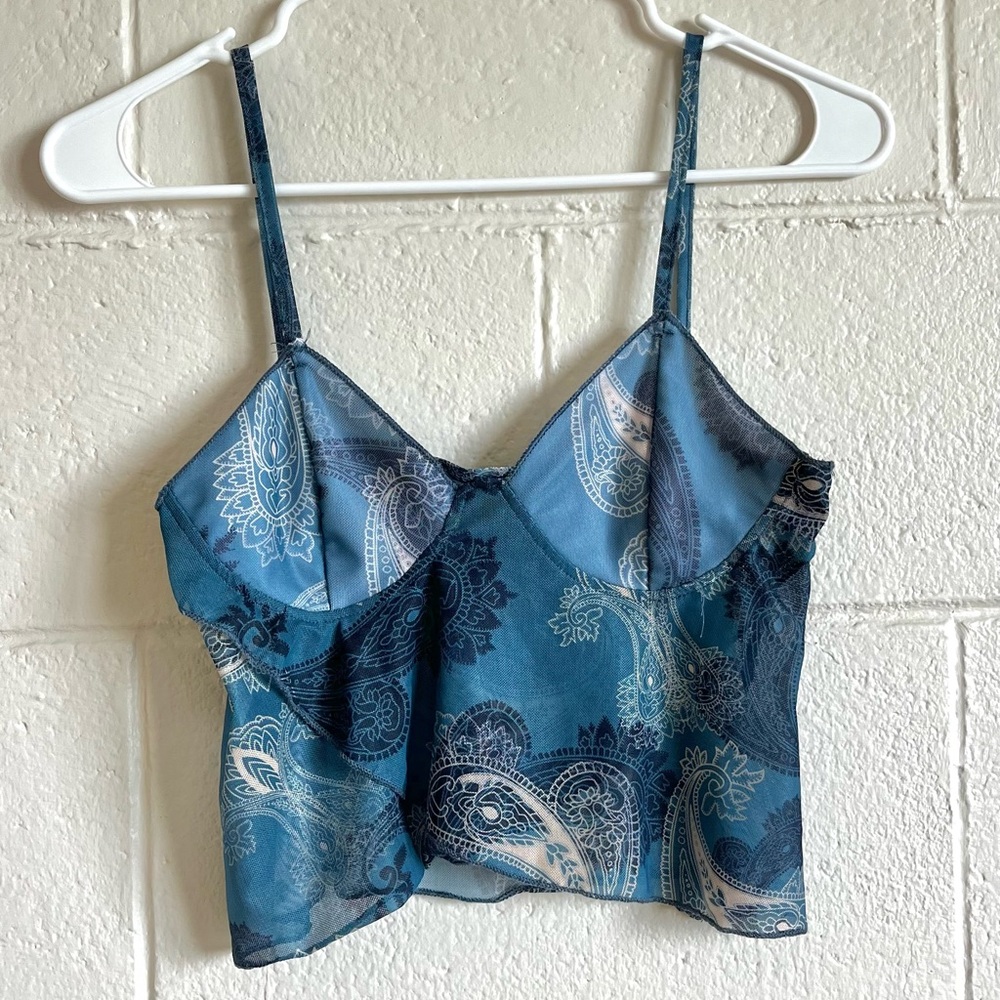 2000s paisley print blue and white cami top